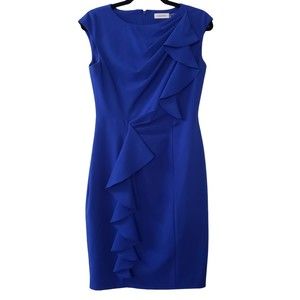 Calvin Klein Sleeveless Side Ruffle Ruched Lined Sheath Dress, Royal Blue, Sz 4